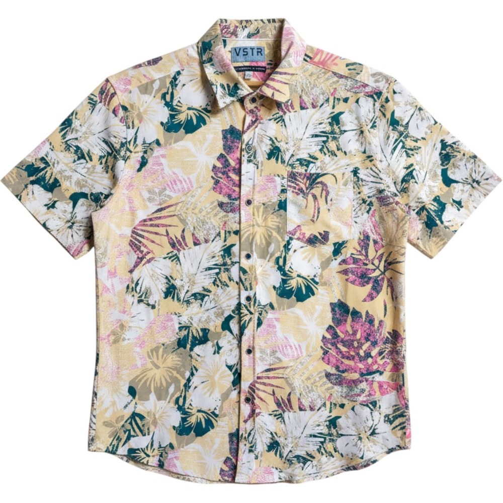 VSTR Mens Tropical Floral Button Down Shirt Yellow Pink 4-Way Stretch Size Large